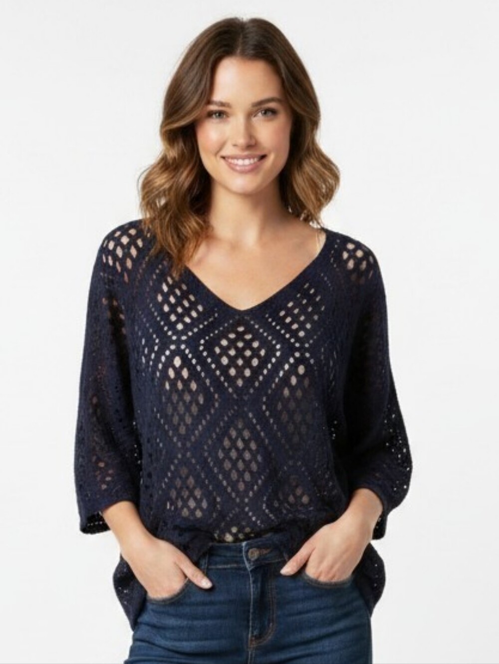 Openwork V-Neck Crochet Sweater - Navy